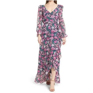 WAYF The Emery Faux Wrap Long Sleeve Floral Maxi Dress‎ V-Neck Ruffle Size Small